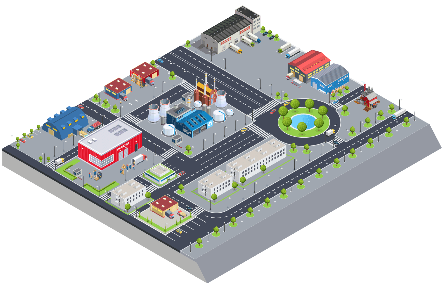 Illustration representing several logistics spaces separated by roads and green spaces, with cars in motion